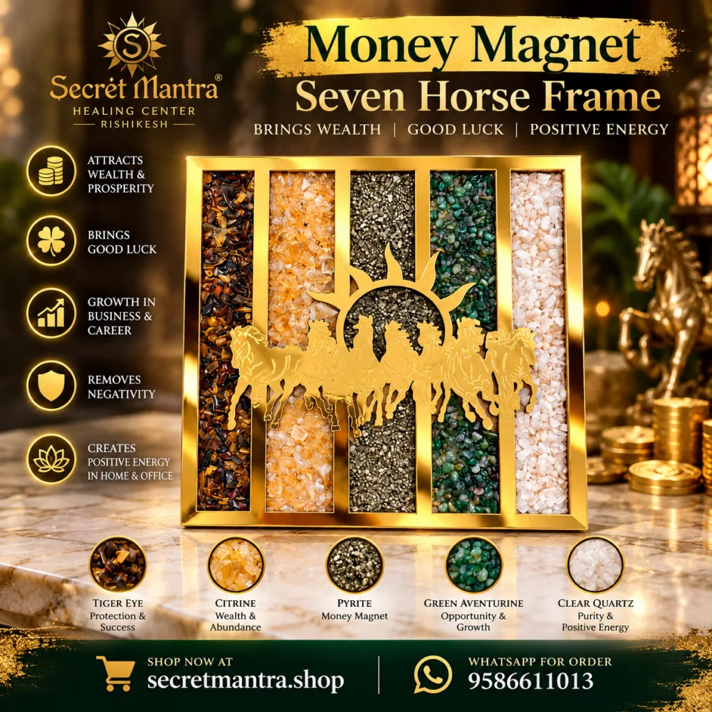 Money Magnet Seven Running Horses Crystal Frame | 5 Natural Stones for Wealth, Luck, Prosperity & Business Success | Secret Mantra