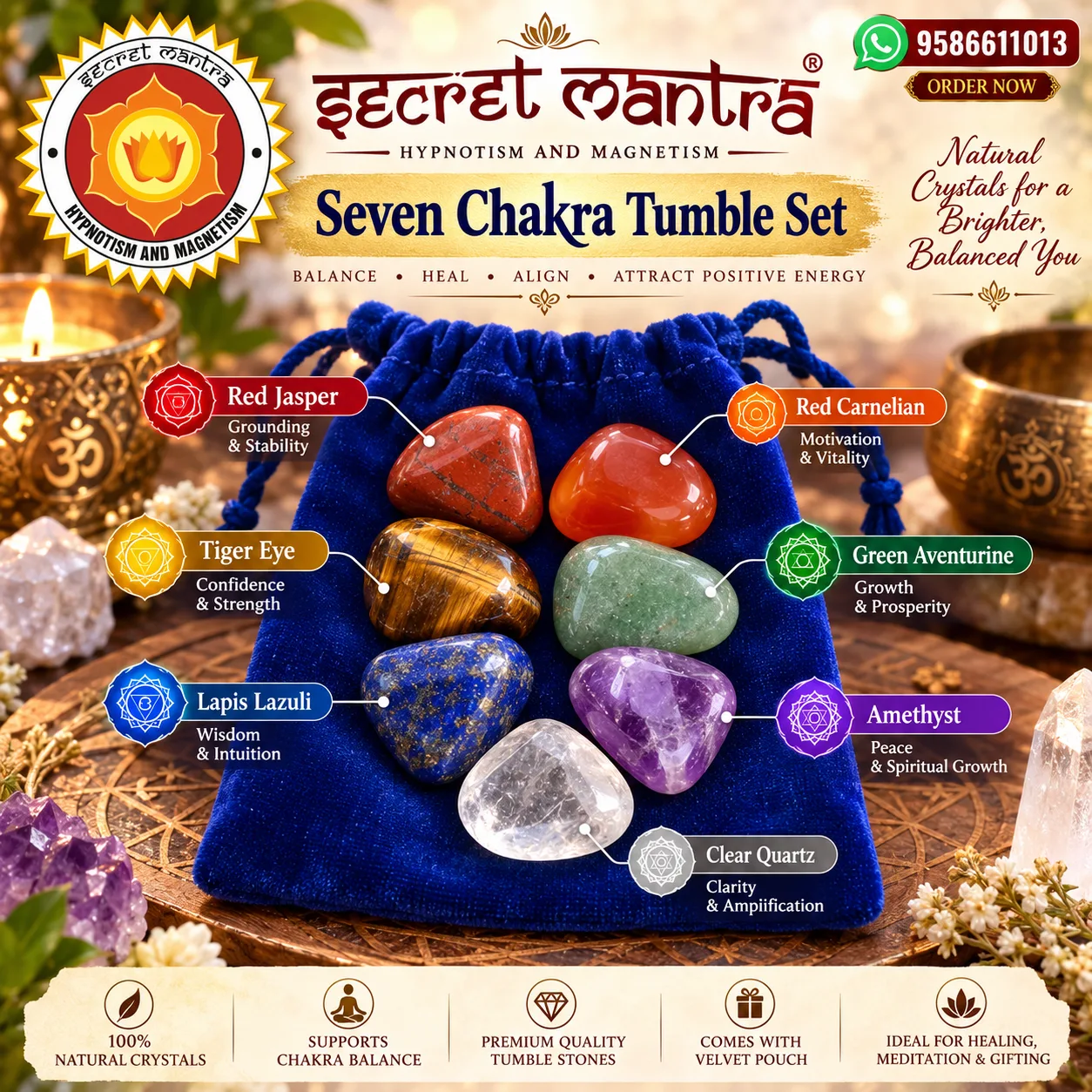 Seven Chakra Natural Tumbled Crystal Stone Set with Blue Velvet Pouch | Secret Mantra