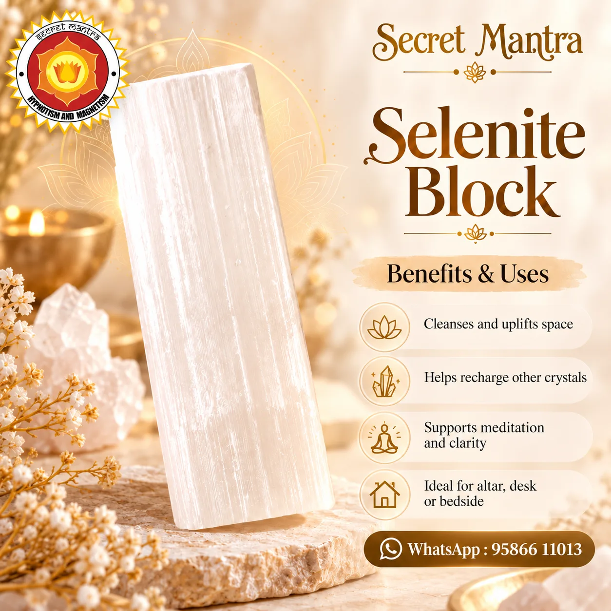 Natural Selenite Crystal Block – Raw Selenite Stone for Energy Cleansing, Crystal Charging, Meditation & Positive Vibes | Secret Mantra